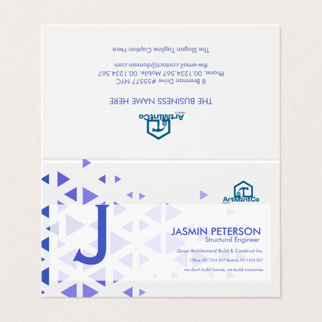 Unique Blue Triangle Pattern Business Card (Outside Unfolded)