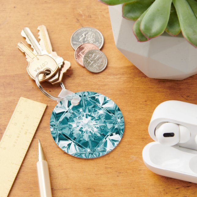 Unique Blue Turquoise Diamond Custom Name Modern Key Ring (Desk)