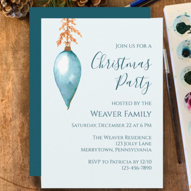 Unique Blue Watercolor Christmas Party invitation (Customize this template for unique beautiful Christmas party invitation. Original blue watercolor. )