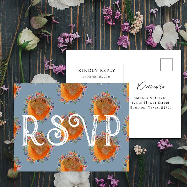 Unique Blue Watercolor Wildflower Wedding RSVP Postcard (Front/Back)