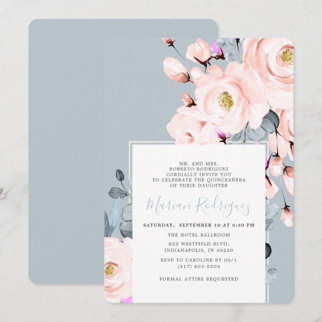 Unique Blush &  Blue Watercolor Floral Quinceañera Invitation (Front/Back)