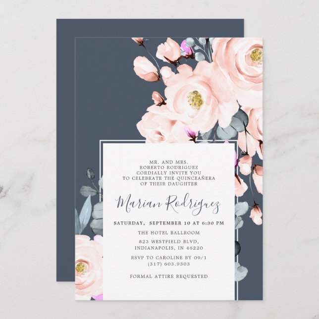 Unique Blush & Navy Watercolor Floral Quinceañera Invitation (Front/Back)