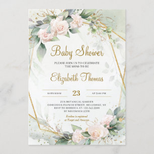 Unique Blush Pink Floral Greenery Gold Frame Baby Invitation