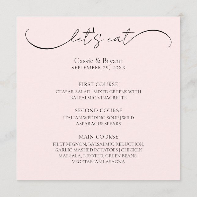 Unique Blush Pink Modern Script Wedding Menu (Front)