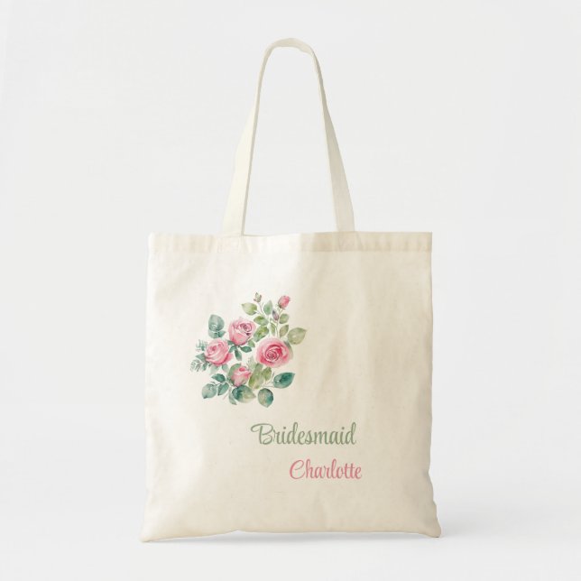 Unique Blush Pink Rose Floral Bridesmaid Gift Tote Bag (Front)