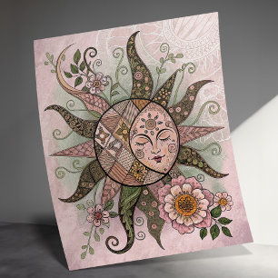 Unique Bohemian Sun Moon Poster, Floral Sun Poster