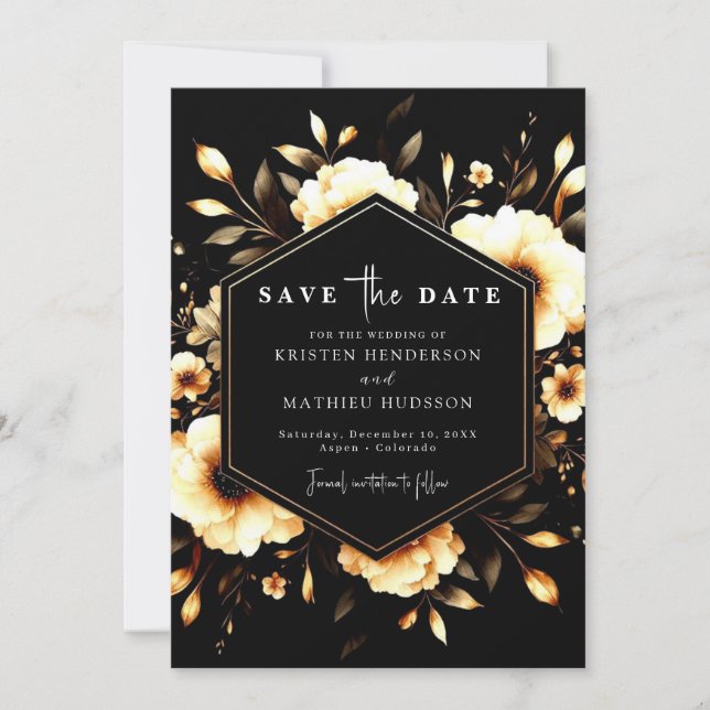 Unique Boho Gold and Black Wedding Save The Date (Front)