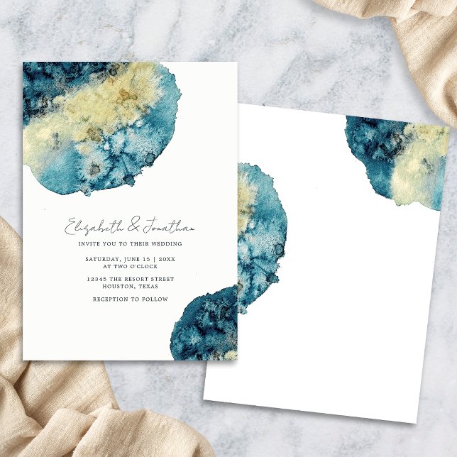 Unique Boho Watercolor Navy Blue Simple Wedding Invitation (Front/Back)