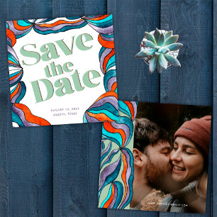 Unique Bold Boho Groovy Retro Green Wavy Photo Save The Date