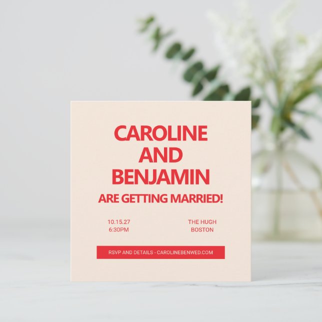 Unique Bold Red Text Modern Minimalist Wedding  Invitation (Standing Front)