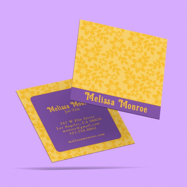 Unique Bold Yellow Mustard & Purple Floral Script Square Business Card (Creator Uploaded)