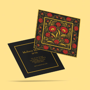 Unique Botanical Red Flowers & Gold Typography Square Business Card