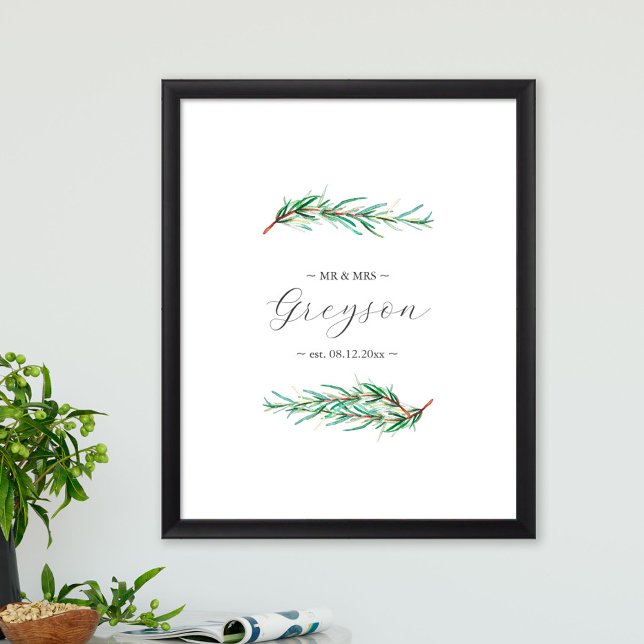 Unique Botanical Wedding Sign and Keepsake (Sustainable wedding sign features unique watercolor rosemary art by Victoria Grigaliunas)