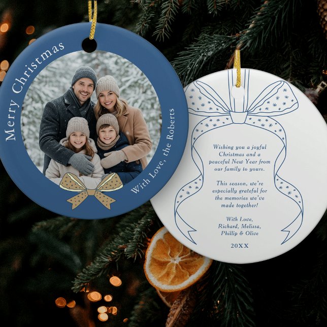 Unique Bow Christmas Ball Ball Blue Photo Ceramic Ornament (Elegant whimsical bows blue and cream photo Christmas ornament)