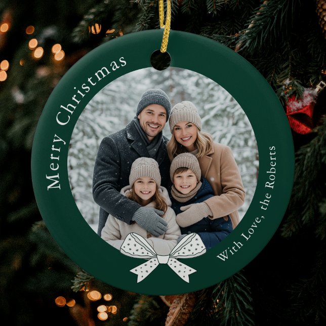 Unique Bow Christmas Ball Ball Green Photo Ceramic Ornament (Elegant whimsical bows green and white photo Christmas ornament)