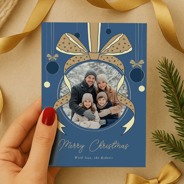 Unique Bow Christmas Ornament Ball Ball One Photo Holiday Card (elegant whimsical bows Christmas ornament photo holiday cards in blue and cream)