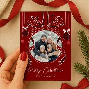 Unique Bow Christmas Ornament Ball Red One Photo Holiday Card