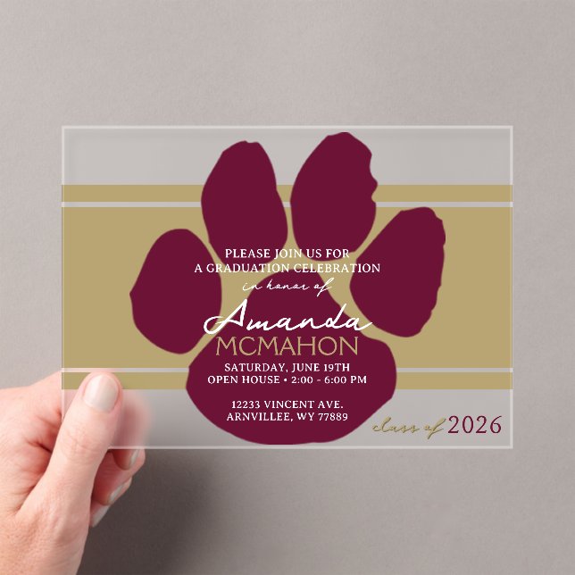 Unique Bronze Gold & Burgundy Graduation Pawprint Acrylic Invitations (Insitu (Handheld))