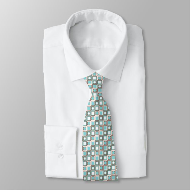Unique Brown Turquoise Teal Blue White Art Pattern Tie (Tied)