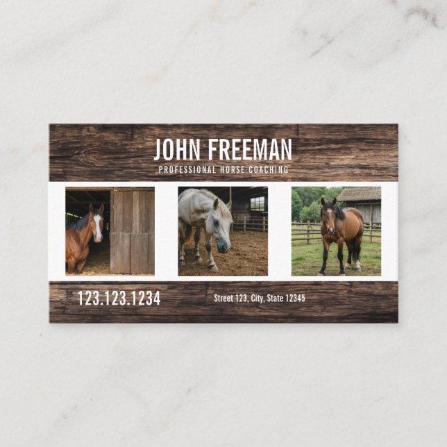 Unique Brown Wood Horses Photo Equestrian Business Card (Front)