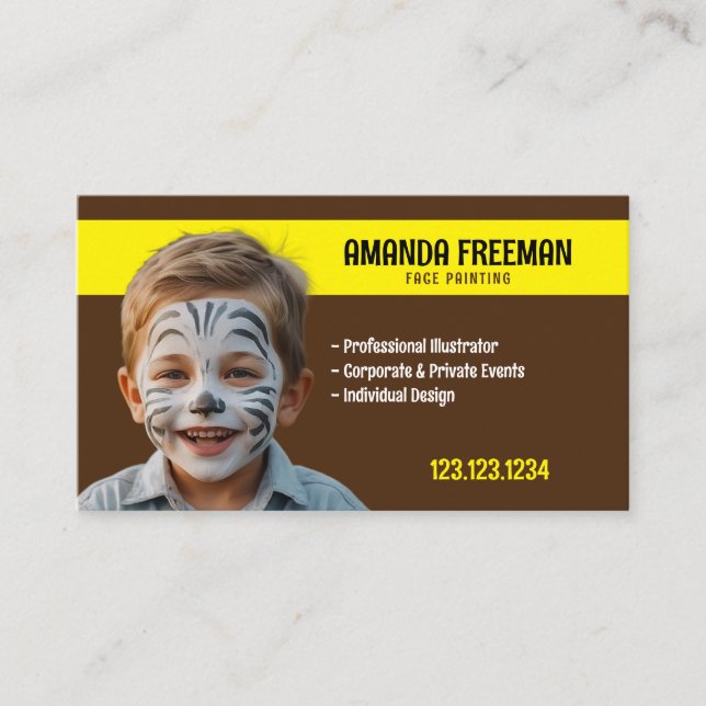 Unique Brown & Yellow Face Painter Artist Business Card (Front)