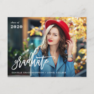 Unique brush script graduation announcement postcard