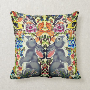 Unique Bunny Rabbit Bird Floral Jacobean Exotic Cushion