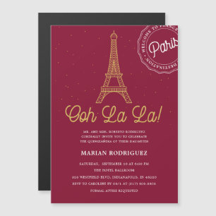 Unique Burgundy and Gold Eiffel Tower Quinceañera Magnetic Invitation