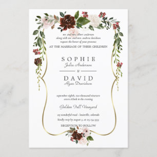 Unique Burgundy Cream Floral Gold Wedding Invitation