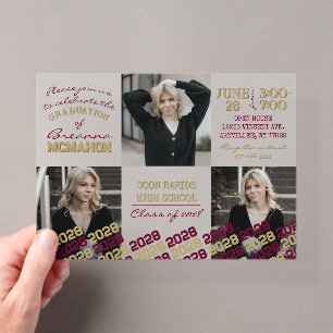 Unique Burgundy & Gold Graduation 3 Photo Frosted Acrylic Invitations