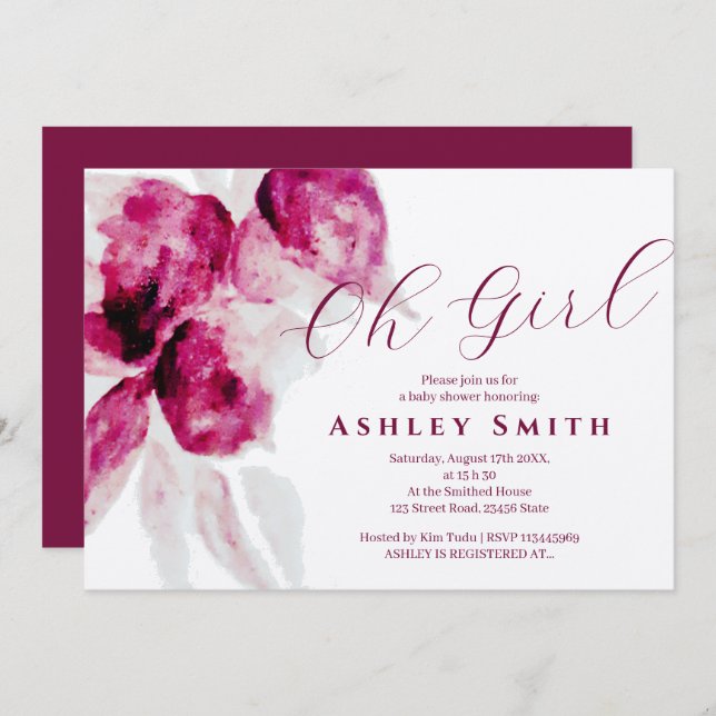 Unique Burgundy Watercolor Floral Baby Girl Shower Invitation (Front/Back)