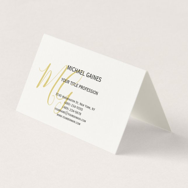 Unique Calligraphy Gold Colour Monogram Cream Business Card (Front)