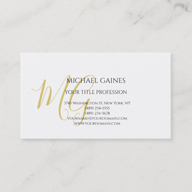 Unique Calligraphy Gold Colour Monogram White Business Card (Front)