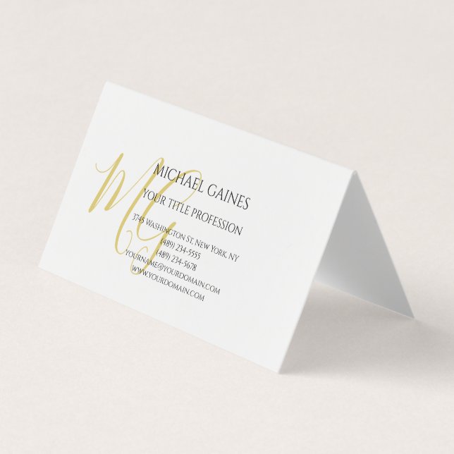 Unique Calligraphy Gold Colour Monogram White Business Card (Front)