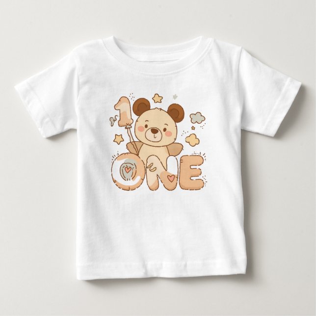 Unique Cartoon Bear “ONE” Cream Shirt (Front)