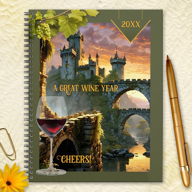 Unique Castle Wine Year Planner (Planner featuring a fantasy scene with a glass of wine, grapes and a castle at sunset)