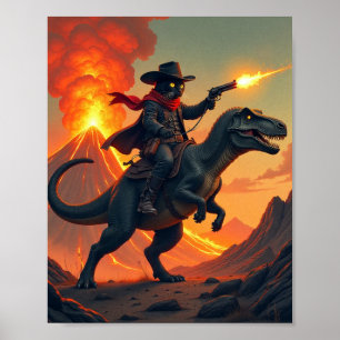 Unique Cat Cowboy Riding Dinosaur   Cat Cowboy Poster