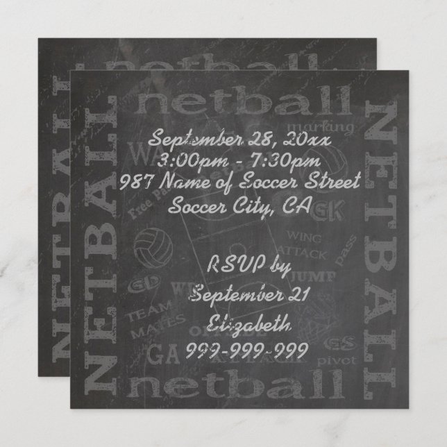 Unique Chalkboard netball 5.25" x 5.25" Invitation (Front/Back)