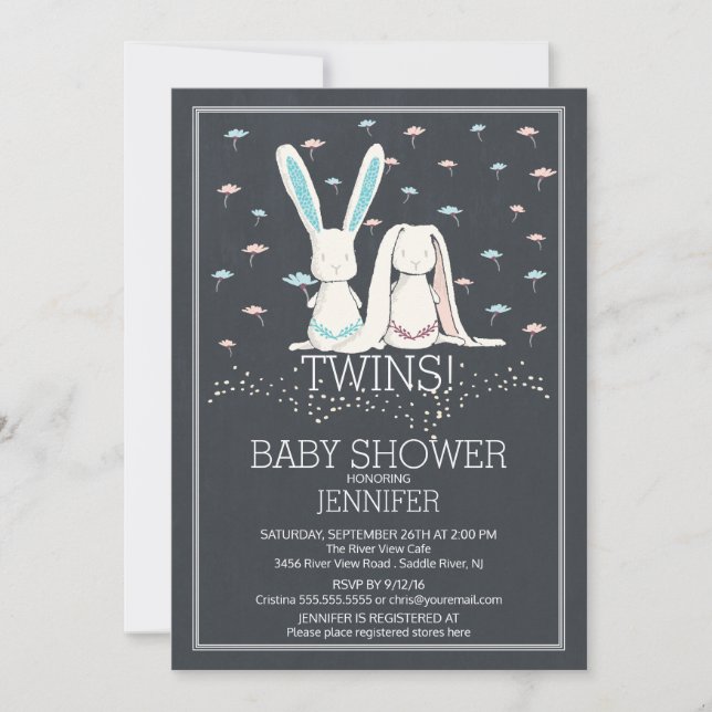 Unique Chalkboard TWIN Girl Boy Bunny Baby Shower Invitation (Front)