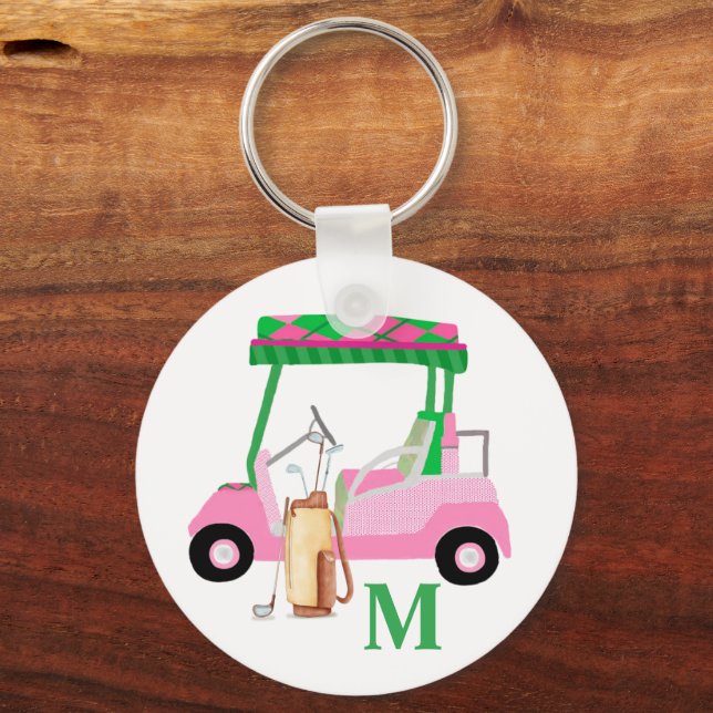 Unique Charming Golf Cart with Clubs Monogram   Key Ring (Front)