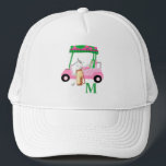 Unique Charming Pink Golf Cart Clubs Monogram   Trucker Hat<br><div class="desc">A charming unique golf cart -- pink and green -- tastefully done -- ready to run the course -- hat --This is a great gift for all golf lovers -- fun / attractive / unique. Personalise it with your/her initials/monogram. If you have any design questions or a special request, please...</div>