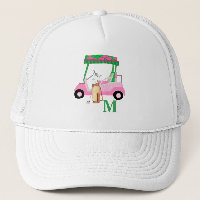 Unique Charming Pink Golf Cart Clubs Monogram   Trucker Hat (Front)