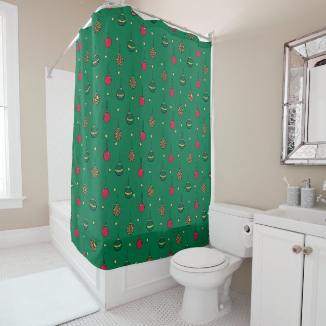 Unique Christmas Ornament Baubles Green Pattern Shower Curtain (In Situ)