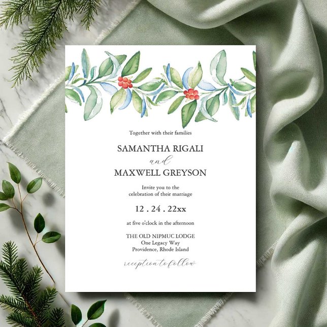 Unique Christmas Wedding Invitations Watercolor (Christmas wedding invitations watercolor botanical art by Victoria Grigaliunas of Do Tell A Belle)