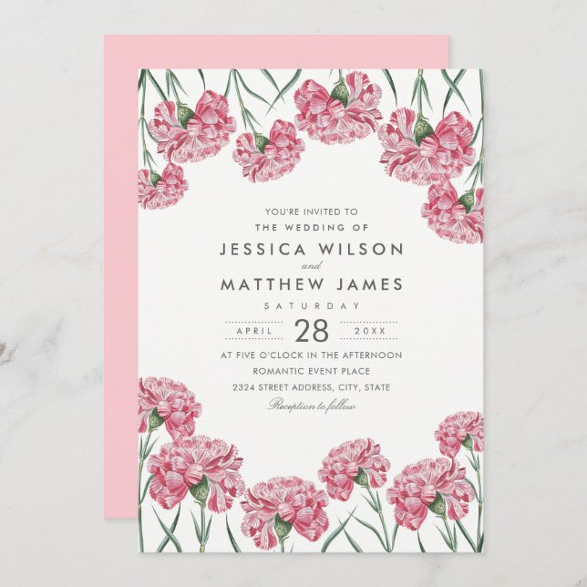 Unique Classic Pink Flowers Elegant Floral Wedding Invitation (Front/Back)