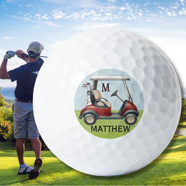 Unique Classy Custom Red Cart Monogram Name Golf Balls (Creator Uploaded)