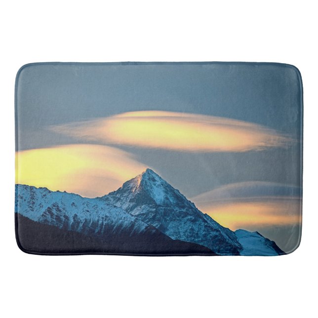 Unique Clouds Over Snow Covered Mountains Bath Mat (Front)