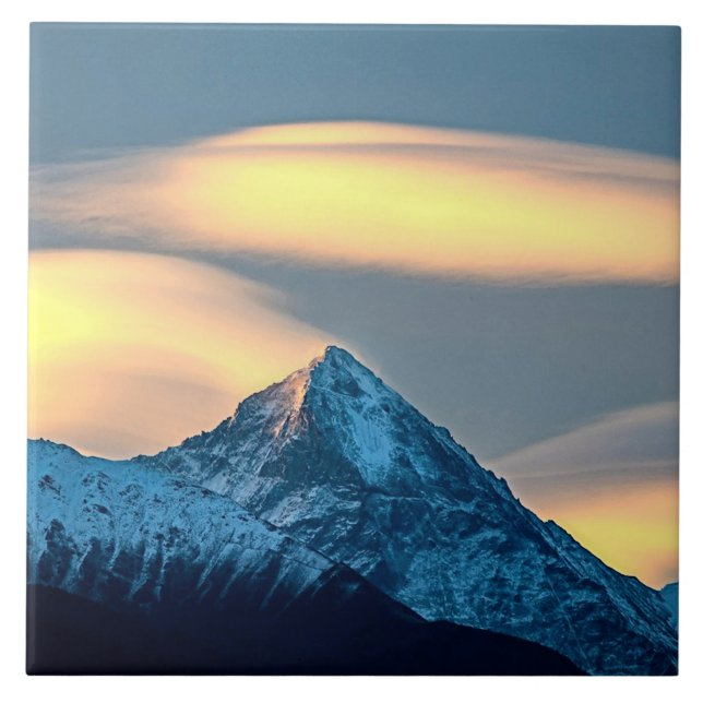 Unique Clouds Over Snow Covered Mountains Ceramic Tile (Front)