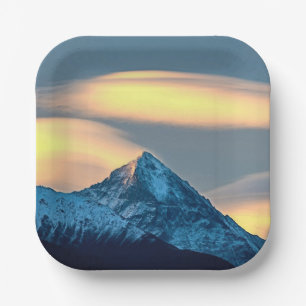 Unique Clouds Over Snow Covered Mountains Paper Plate