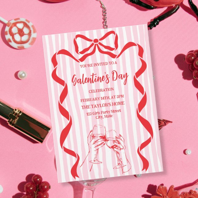 Unique Cocktail Galentine's Day Party Brunch  Invitation (red bow champagne girls galentine party invitation)